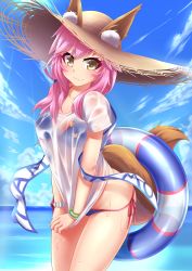 Rule 34 | 10s, 1girl, :3, absurdres, animal ears, bikini, blue bikini, blush, breasts, cleavage, commentary request, ears through headwear, fang, fate/extra, fate/extra ccc, fate/grand order, fate (series), fox ears, fox tail, hat, highres, innertube, kirisame mia, large breasts, long hair, looking at viewer, nature, ocean, outdoors, pink hair, see-through, shirt, side-tie bikini bottom, solo, sweat, swim ring, swimsuit, tail, tamamo (fate), tamamo no mae (fate/extra), tamamo no mae (swimsuit lancer) (fate), tamamo no mae (swimsuit lancer) (second ascension) (fate), wet, wet clothes, wet shirt, yellow eyes