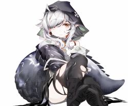 Rule 34 | 1girl, ahoge, arknights, black footwear, black sleeves, black thighhighs, boots, crocodilian tail, fang, goggles, goggles around neck, grey hair, highres, hood, hood up, kirschma, knees up, looking at viewer, multicolored hair, pointy ears, simple background, sitting, skin fang, solo, streaked hair, tail, thighhighs, tomimi (arknights), torn clothes, torn thighhighs, white background, yellow eyes