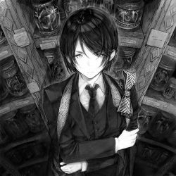 Rule 34 | 1girl, androgynous, bob cut, bottle, bow, cape, closed mouth, collared shirt, formal, from above, frown, greyscale, hand on own arm, jacket, jar, long sleeves, looking at viewer, monochrome, necktie, original, reverse trap, sakurana haru, self hug, shelf, shirt, short hair, solo, suit, swept bangs, upper body, vest