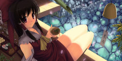 Rule 34 | 1girl, ascot, bell, black hair, bow, brown eyes, caidychen, cup, detached sleeves, female focus, fish (food), food, from above, hair bow, hair tubes, hakurei reimu, highres, japanese clothes, legs, looking at viewer, makizushi, miko, nigirizushi, purple eyes, sitting, smile, soaking feet, solo, sushi, tea, touhou, water