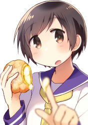 Rule 34 | 1girl, blue sailor collar, blurry, blush, brown eyes, brown hair, commentary request, cream, cream puff, depth of field, food, food request, hands up, hasegawa fumi, holding, holding food, index finger raised, looking at viewer, neckerchief, open mouth, sailor collar, school uniform, school uniform (yuyushiki), serafuku, shirt, short hair, simple background, solo, tatsunokosso, upper body, white background, white shirt, yellow neckerchief, yuyushiki