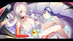 Rule 34 | 1girl, acheron (honkai: star rail), bathtub, black choker, black swan (honkai: star rail), breasts, bubble, choker, commentary request, hair censor, highres, honkai: star rail, honkai (series), knees up, large breasts, nude, official alternate color, partially submerged, red eyes, rubber duck, sitting, solo, srpzk, thighs, veil, water, white hair