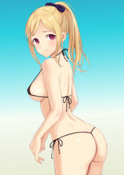 Rule 34 | 1girl, ass, bikini, black bikini, blonde hair, blush, bow, breasts, closed mouth, commentary request, cowboy shot, g-string, hair bow, halterneck, high ponytail, long hair, looking at viewer, looking back, medium breasts, micro bikini, n.g., original, parted bangs, ponytail, purple bow, red eyes, side-tie bikini bottom, smile, solo, standing, swimsuit, thong