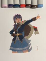 Rule 34 | 1girl, arm up, art tools in frame, bell, belt, belt buckle, blue jacket, blue skirt, buckle, buttons, cropped legs, fur-trimmed jacket, fur trim, glasses, green eyes, hair bell, hair ornament, hand on own hip, highres, hoshimi junna, jacket, jacket on shoulders, jingle bell, long sleeves, looking to the side, low ponytail, marker, marker (medium), open mouth, outstretched arm, photo (medium), pleated skirt, purple hair, red jacket, shiratama (hockey), shoujo kageki revue starlight, signature, single stripe, skirt, solo, swept bangs, traditional media