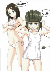 Rule 34 | 10s, 2girls, bikini, blonde hair, blue eyes, breasts, brown hair, covered navel, cowboy shot, electric plug, flat chest, girls und panzer, grin, groin, helmet, highres, jitome, katyusha (girls und panzer), large breasts, long hair, multiple girls, navel, nenchi, nonna (girls und panzer), old school swimsuit, one-piece swimsuit, parted bangs, parted lips, ranguage, russian text, scan, school swimsuit, short hair, side-tie bikini bottom, smile, swimsuit, tank helmet, translated, white background, white bikini, white one-piece swimsuit, white school swimsuit