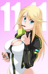Rule 34 | 1girl, absurdres, akuron (acllon), alice gear aegis, black jacket, blonde hair, blue eyes, breasts, circle cutout, cleavage, cleavage cutout, clothing cutout, companion/af, covered collarbone, cowboy shot, food, front zipper, full-length zipper, heattech leotard, highleg, highleg leotard, highres, jacket, large breasts, leotard, mouth hold, pink background, pocky, pocky day, race queen, shirley oakley, sleeveless turtleneck leotard, solo, text background, two-tone leotard, white leotard, zipper, zipper leotard, zipper pull tab