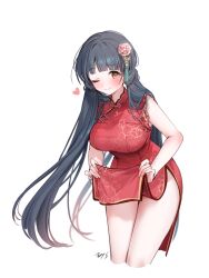 Rule 34 | 1girl, ;), bare legs, black hair, breasts, china dress, chinese clothes, cropped legs, dress, floral print, flower, hair flower, hair ornament, hashtag-only commentary, heart, highres, idolmaster, idolmaster million live!, kitakami reika, large breasts, leaning forward, long hair, looking at viewer, nys, one eye closed, orange eyes, red dress, signature, simple background, skirt hold, sleeveless, sleeveless dress, smile, solo, twintails, very long hair, white background