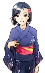 Rule 34 | 1girl, black hair, flower, japanese clothes, kimono, nekomata naomi, smile, solo