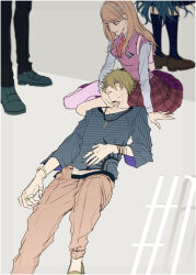 Rule 34 | 2boys, 2girls, akamatsu kaede, amami rantaro, backpack, bag, black bracelet, black pants, blonde hair, blue footwear, blue hair, blue shirt, blue skirt, blue sleeves, brown footwear, brown pants, closed eyes, closed mouth, collared shirt, danganronpa (series), danganronpa v3: killing harmony, fingernails, foot out of frame, fortissimo, full body, green footwear, green hair, grey background, hair ornament, hand on another&#039;s chin, hand on own stomach, jewelry, kneehighs, legs, loafers, long hair, long sleeves, me (lililico), medium skirt, multiple boys, multiple girls, multiple rings, musical note, musical note hair ornament, necktie, orange necktie, pants, parted lips, pendant, pink bag, pink vest, ring, saihara shuichi, shade, shirogane tsumugi, shirt, shoes, short hair, simple background, sitting, skirt, sleeves past elbows, socks, spoilers, striped clothes, striped shirt, vertical-striped sleeves, very long hair, vest, white bracelet, white shirt, white sleeves, yokozuwari