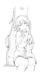 Rule 34 | 1girl, arknights, blue poison (arknights), braid, cropped legs, feet out of frame, greyscale, guitar case, hands up, highres, instrument case, invisible chair, long hair, looking at viewer, monochrome, qinghejunzi, simple background, sitting, sketch, skirt, smile, solo, tank top, white background