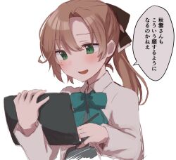 Rule 34 | 1girl, akigumo (kancolle), akigumo kai ni (kancolle), aqua bow, aqua bowtie, bow, bowtie, brown hair, collared shirt, commentary request, drawing tablet, dress shirt, green eyes, highres, holding, holding drawing tablet, kantai collection, mole, mole under eye, ponytail, school uniform, shirasumato, shirt, simple background, solo, stylus, translation request, upper body, white background, white shirt