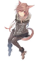 Rule 34 | 1girl, animal ears, brown hair, cat ears, cat tail, facial mark, final fantasy, final fantasy xiv, fur trim, highres, kuwashima rein, long hair, looking at viewer, looking up, miqo&#039;te, pantyhose, poncho, red eyes, ribbed sweater, slit pupils, solo, sweater, tail