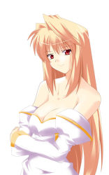 Rule 34 | 00s, 1girl, archetype earth, arcueid brunestud, bare shoulders, blonde hair, breasts, cleavage, dress, long hair, red eyes, solo, strapless, strapless dress, tsukihime