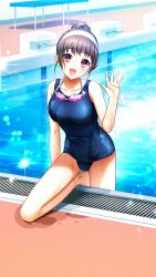 Rule 34 | 1girl, :d, bare arms, bare legs, blue one-piece swimsuit, breasts, brown hair, collarbone, day, doukyuusei another world, game cg, head tilt, headband, kakyuusei, looking at viewer, medium breasts, official art, on one knee, one-piece swimsuit, open mouth, outdoors, poolside, red eyes, school swimsuit, smile, solo, sparkle, swimsuit, updo, waving, white headband, yuuki mizuho