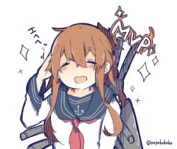 Rule 34 | 10s, 1girl, anchor symbol, blush, brown hair, closed eyes, folded ponytail, hand on own head, inazuma (kancolle), kantai collection, machinery, mvp, open mouth, pekeko (pepekekeko), school uniform, serafuku, simple background, sketch, smile, solo, sparkle, translation request, twitter username, white background