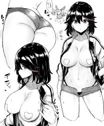 Rule 34 | 1girl, absurdres, ass, back, breasts, cleavage, female pubic hair, freedom nakai, greyscale, hair between eyes, hand in own hair, heart, heart-shaped pupils, heart pasties, highres, jacket, kill la kill, large breasts, looking at viewer, matoi ryuuko, medium hair, micro shorts, monochrome, navel, open fly, panties, pasties, pubic hair, pubic hair peek, shorts, simple background, sweat, symbol-shaped pupils, thong, underwear, white background