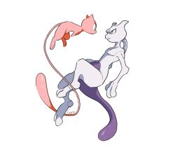 Rule 34 | ban (ban62460424), closed mouth, commentary request, creatures (company), eye contact, frown, game freak, gen 1 pokemon, legendary pokemon, looking at another, mew (pokemon), mewtwo, mythical pokemon, nintendo, pokemon, pokemon (creature), signature, tail, white background, yellow eyes