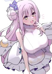 Rule 34 | 1girl, akitokage, angel wings, bare shoulders, blue archive, breasts, crescent, dress, flower, frilled dress, frills, hair bun, hair flower, hair ornament, highres, large breasts, long hair, mika (blue archive), open mouth, pantyhose, pink hair, purple flower, scrunchie, single side bun, sleeveless, sleeveless dress, white pantyhose, white scrunchie, white wings, wings, yellow eyes