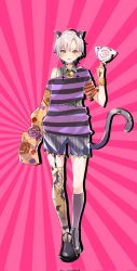 Rule 34 | 1boy, animal ears, beretta (cozopro), cat boy, cat ears, cat tail, cozopro, full body, highres, iriam, male focus, multicolored hair, official art, pink background, ponpon nun, purple hair, short hair, solo, sunburst, tail, tattoo, virtual youtuber, white hair, yellow eyes