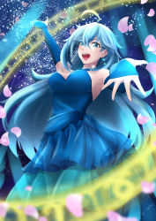 Rule 34 | 1girl, :d, absurdres, ahoge, arm up, armpits, blue dress, blue eyes, blue hair, blue sleeves, blurry, blurry foreground, breasts, cherry blossoms, detached sleeves, dress, earrings, floating hair, hair between eyes, highres, jewelry, layered dress, long dress, long hair, long sleeves, medium breasts, open mouth, smile, solo, standing, strapless, strapless dress, teina, very long hair, vivy, vivy: fluorite eye&#039;s song