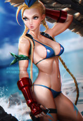 Rule 34 | 1girl, beach, beret, blonde hair, breasts, cammy white, cleavage, fingerless gloves, gloves, hat, sakimichan, solo, street fighter, wet
