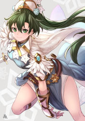 Rule 34 | 1girl, bare legs, belt, blue dress, boots, breasts, cape, closed mouth, dress, earrings, feather-trimmed sleeves, feather trim, fingerless gloves, fire emblem, fire emblem: the blazing blade, fire emblem heroes, flower, gauntlets, glint, gloves, green eyes, green hair, grey background, hair between eyes, hair flower, hair ornament, highres, jewelry, jumping, katana, knee boots, long hair, looking at viewer, lyn (fire emblem), medium breasts, nakabayashi zun, nintendo, patterned background, pelvic curtain, ponytail, scabbard, sheath, short sleeves, side slit, signature, smile, solo, sword, thighs, unsheathed, very long hair, weapon, white gloves