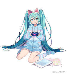 Rule 34 | 1girl, :q, animal ears, aqua eyes, aqua hair, blue hoodie, blue socks, cat ears, closed mouth, controller, drawstring, fake animal ears, game controller, hair between eyes, hairband, hatsune miku, holding, hood, hood down, hoodie, kneehighs, long hair, long sleeves, looking at viewer, magazine (object), playstation controller, short shorts, shorts, shugao, simple background, sitting, smile, socks, solo, striped clothes, striped hoodie, striped socks, tongue, tongue out, twintails, v-shaped eyebrows, very long hair, vocaloid, wariza, white background, white shorts