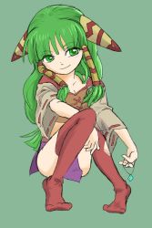 Rule 34 | 1girl, breasts, closed mouth, feena (grandia), feet, grandia, grandia i, green eyes, green hair, hair tubes, jewelry, long hair, midriff, necklace, simple background, skirt, smile, socks, solo, thighhighs, yugingo