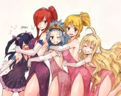 Rule 34 | &gt; &lt;, 5girls, ass, bare shoulders, blue hair, blush, braid, breasts, crown, crown braid, dress, dress shirt, elbow gloves, erza scarlet, closed eyes, fairy tail, gloves, large breasts, legs up, levy mcgarden, looking at viewer, lucy heartfilia, mavis vermilion, multiple girls, no bra, one eye closed, open mouth, pressing, rusky, shirt, smile, tagme, wendy marvell, white background, white gloves
