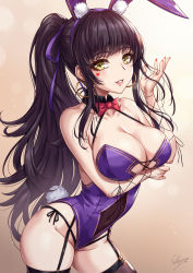 Rule 34 | 1girl, animal ears, arm under breasts, black hair, bow, bowtie, breasts, cleavage, covered navel, cowboy shot, detached collar, earrings, facial mark, fake animal ears, garter straps, gradient background, hairband, hand up, heart, heart facial mark, highres, jewelry, large breasts, leotard, long hair, original, parted lips, playboy bunny, ponytail, purple hairband, purple leotard, rabbit ears, red bow, red bowtie, sakiyamama, signature, simple background, smile, solo, thighhighs, thighs, yellow eyes