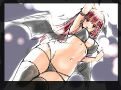 Rule 34 | 1girl, ahoge, alternate costume, arm up, armband, armpits, bad id, bad pixiv id, bat wings, bikini, black bikini, black thighhighs, blush, border, breasts, crossed legs, dutch angle, from below, grey background, head wings, koakuma, large breasts, light particles, lips, long hair, looking at viewer, looking down, low wings, nail polish, navel, parted lips, red eyes, red hair, simple background, sketch, smile, solo, swimsuit, thighhighs, touhou, tsukiriran, wings