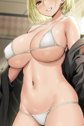 Rule 34 | 1girl, bare shoulders, bikini, blonde hair, blush, breasts, brown eyes, collarbone, commentary, grin, groin, himeko (sky-freedom), indoors, large breasts, light particles, looking at viewer, micro bikini, navel, off shoulder, original, red eyes, short hair, skindentation, sky-freedom, smile, solo, stomach, string bikini, swimsuit, symbol-only commentary, teeth, white bikini