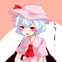 Rule 34 | 1girl, blue hair, blush stickers, bow, drooling, empty eyes, hat, hat bow, kameyan, open mouth, red eyes, remilia scarlet, short hair, solo, touhou, wings