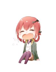 Rule 34 | 1girl, arm support, bafarin, bat hair ornament, casual, chibi, clothes writing, crying, english text, closed eyes, fangs, gabriel dropout, green jacket, hair ornament, hair rings, jacket, satanichia kurumizawa mcdowell, no shoes, open mouth, purple legwear, red hair, shirt, shorts, simple background, sitting, solo, tears, white background, white shirt
