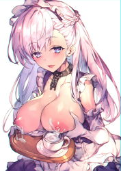 Rule 34 | 1girl, azur lane, belfast (azur lane), blue eyes, blush, breasts, collar, cup, elbow gloves, gloves, highres, lactating into container, lactation, large breasts, long hair, looking at viewer, maid headdress, nipples, open mouth, redcomet, simple background, smile, teacup, white background, white gloves, white hair