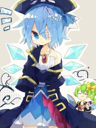 Rule 34 | 1girl, :3, bare shoulders, blood, bloody weapon, blue coat, blue eyes, blue hair, blue skirt, bow, cirno, closed eyes, closed mouth, coat, collar, collarbone, crossed arms, cutlass, cutlass, daiyousei, eyepatch, fairy wings, green hair, hat, highres, holding, holding weapon, ice, ice wings, jewelry, long sleeves, nikorashi-ka, pirate costume, pirate hat, short hair, side ponytail, skirt, smile, standing, touhou, weapon, wings, yellow bow