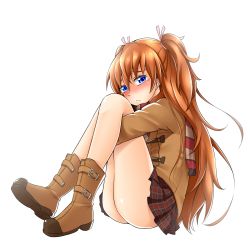 Rule 34 | 1girl, ass, blue eyes, blush, boots, brown footwear, brown hair, full body, highres, houjou hibiki, hugging own legs, kanichiri, knees up, long hair, looking at viewer, no panties, plaid, plaid skirt, precure, red scarf, scarf, sitting, skirt, solo, striped clothes, striped scarf, suite precure, tears, thighs, two side up, very long hair