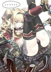 Rule 34 | 1boy, 1girl, absurdres, black panties, blonde hair, blush, braid, breasts, closed mouth, fake horns, granblue fantasy, helm, helmet, highres, horned helmet, horns, legs up, medium breasts, panties, pantyshot, polearm, simple background, sweat, tefec, thought bubble, trembling, twintails, underwear, upskirt, vaseraga, weapon, white background, zeta (granblue fantasy)