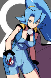 Rule 34 | 1girl, blue eyes, blue gloves, blue hair, bodysuit, breasts, cape, clair (pokemon), commentary request, creatures (company), earrings, eyelashes, game freak, gloves, gym leader, hair between eyes, hair tie, holding, holding poke ball, impossible clothes, jewelry, large breasts, long hair, md5 mismatch, nintendo, parted lips, poke ball, poke ball (basic), pokemon, pokemon hgss, ponytail, resolution mismatch, sakuraidai, shiny skin, smile, solo, source larger