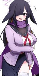Rule 34 | 1girl, bandaged leg, bandages, black eyes, black hair, black sailor collar, black skirt, blue archive, breasts, cardigan, hair over one eye, halo, highres, large breasts, long hair, long sleeves, looking at viewer, neckerchief, open mouth, pink halo, purple cardigan, purple scarf, red neckerchief, sailor collar, scarf, school uniform, serafuku, simple background, skirt, solo, thighs, tsukuyo (blue archive), white background, yun (kbdenz9)