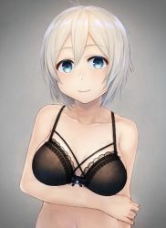 Rule 34 | .live, 1girl, absurdres, bare arms, bare shoulders, black bra, blue eyes, blush, bra, breast hold, breasts, cleavage, closed mouth, collarbone, commentary request, grey background, hair between eyes, highres, hoshimiya aki, looking at viewer, medium breasts, navel, silver hair, simple background, dennou shoujo siro, smile, solo, underwear, underwear only, upper body, virtual youtuber