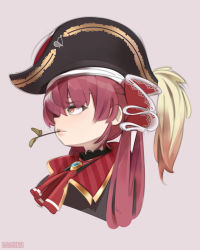 Rule 34 | 1girl, artist name, ascot, brown background, brown eyes, cropped torso, eyebrows hidden by hair, hair behind ear, hat, highres, hololive, houshou marine, mouth hold, onionsketch, pirate hat, portrait, red ascot, red hair, solo, stalk in mouth, twintails, virtual youtuber