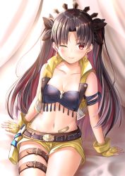 Rule 34 | 1girl, ;), bandaid, bare shoulders, bed sheet, belt, belt buckle, black belt, black hair, black ribbon, blush, breasts, buckle, cleavage, closed mouth, commentary request, curtains, earrings, fate/grand order, fate (series), fingerless gloves, gloves, hair ribbon, highres, hoop earrings, ishtar (fate), jewelry, long hair, looking at viewer, multicolored hair, navel, one eye closed, open clothes, open vest, red eyes, red hair, ribbon, short shorts, shorts, sitting, small breasts, smile, solo, space ishtar (fate), space ishtar (second ascension) (fate), tiara, toshi (1-147), two-tone hair, two side up, very long hair, vest, yellow gloves, yellow shorts, yellow vest
