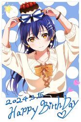 Rule 34 | 1girl, blue hair, bow, cake hat, closed mouth, collarbone, commentary request, dated, earrings, hair between eyes, happy birthday, hat, hat bow, heart, highres, jewelry, long hair, long sleeves, looking at viewer, love live!, love live! school idol project, oda (101511a), sidelocks, solo, sonoda umi, star (symbol), sweater, upper body, watch, white sweater, wristwatch, yellow eyes