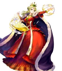 Rule 34 | 1girl, asatani tomoyo, blonde hair, book, breasts, cape, closed mouth, crown, detached sleeves, dress, fire emblem, fire emblem: the binding blade, fire emblem heroes, floating, floating object, frills, full body, fur trim, gem, glowing, gold trim, green eyes, guinevere (fire emblem), hair bun, hands up, highres, jewelry, long dress, long hair, long sleeves, magic, medium breasts, necklace, nintendo, non-web source, official art, open book, puffy sleeves, red dress, serious, solo, transparent background