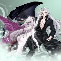 Rule 34 | 1990s (style), abs, ass, belt, coat, final fantasy, final fantasy vii, green eyes, helmet, hiruandon, jenova, long hair, looking back, muscular, nipples, nude, open clothes, open coat, pants, red eyes, sephiroth, silver hair, trench coat, wings