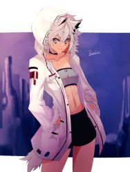 Rule 34 | 1girl, animal ears, arknights, artist name, bandeau, black choker, black shorts, breasts, choker, collarbone, commentary, cosplay, cowboy shot, grey eyes, hair between eyes, hands in pockets, highres, hood, hooded jacket, jacket, lappland (arknights), long sleeves, midriff, navel, open clothes, open jacket, rasipan, scar, scar across eye, scar on face, short hair, shorts, signature, silver hair, small breasts, solo, standing, stomach, strapless, tail, texas (arknights), texas (arknights) (cosplay), tube top, white jacket, wolf ears, wolf tail