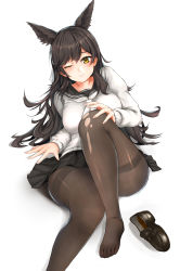 Rule 34 | 1girl, absurdres, animal ears, atago (azur lane), atago (school traumerei) (azur lane), azur lane, black footwear, black pantyhose, black sailor collar, black skirt, breasts, brown hair, brown pantyhose, cardigan, extra ears, hair ribbon, highres, long hair, miniskirt, mole, mole under eye, neckerchief, no shoes, official alternate costume, ojisan f, one eye closed, pantyhose, pleated skirt, ribbon, sailor collar, shoes, unworn shoes, skirt, soles, solo, swept bangs, thighband pantyhose, torn clothes, white cardigan, white neckerchief, white ribbon, yellow eyes