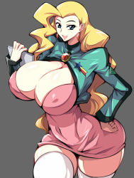 Rule 34 | 1girl, absurdres, blonde hair, blue eyes, breasts, brooch, cleavage, dress, earrings, grey background, haganef, hair slicked back, hand on own hip, highres, holding, huge breasts, jewelry, long hair, multicolored clothes, open mouth, pink dress, short dress, shrug (clothing), solo, standing, swan white, thighhighs, very long hair, yuusha ou gaogaigar, yuusha series