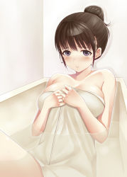 Rule 34 | 1girl, anegasaki nene, bath, blush, brown hair, kisugi akira, love plus, mole, mole under eye, naked towel, purple eyes, solo, towel